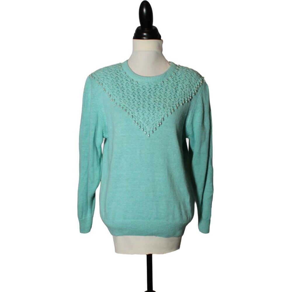 Vintage 1980s Dana Scott Teal Blue Green Sweater Top Puffed Gathered Sleeves